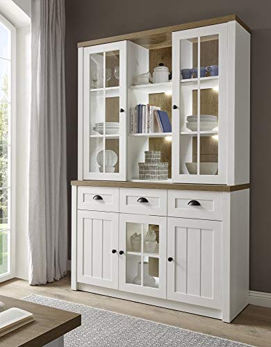 Buffet Tesorino I Holznachbildung Pinie Weiss Applikationen Eiche hell 130x198x35-43cm Highboard Board Sideboard Vitrine Standvitrine Vitrinenschrank Beleuchtung ohne Beleuchtung von Beauty.Scouts