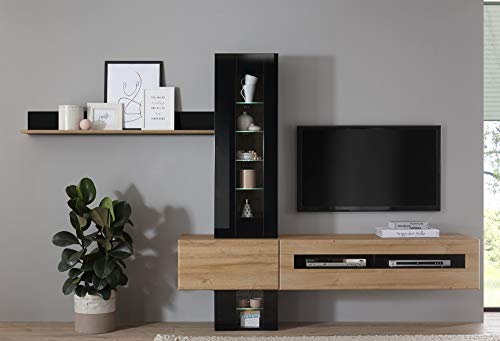 Wohnkombination Ruby VI schwarz/Grandson Oak hell Dekor 210x200x38-48cm Wohnzimmermöbel Anbauwand TV-Wand TV-Element Wohnzimmerschrank Stauraum Größe ohne Beleuchtung von Beauty.Scouts