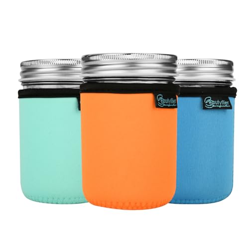 Beautyflier Mason Jar Neoprenhülle mit normaler Öffnung, halbes Pint Mason Jar Trinkgläser, Neopren-Abdeckung, 237 ml, Mason Isolator-Hülle mit Griff (227 ml, 3 Farben) von Beautyflier