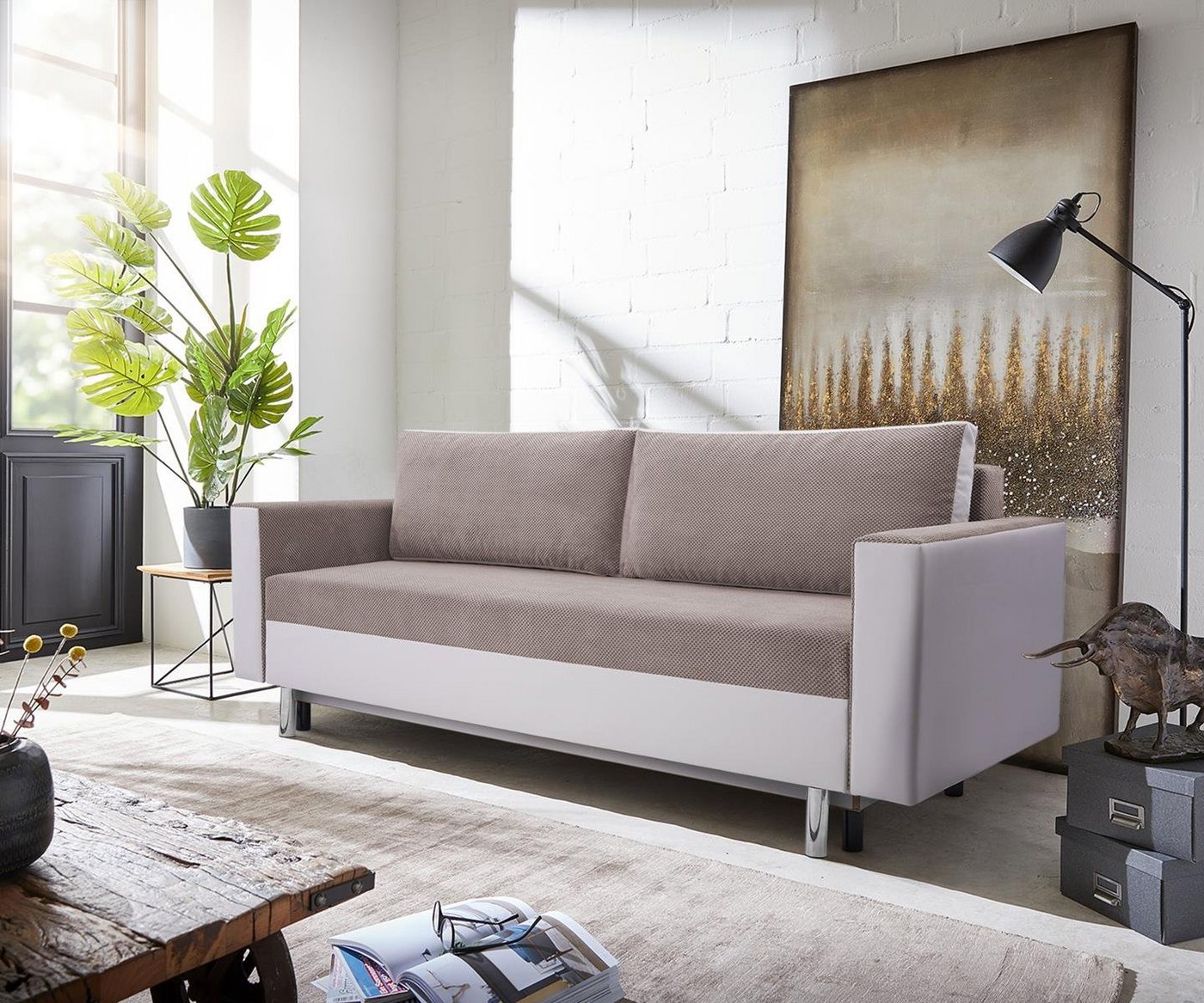 Beautysofa 3-Sitzer MALTA, Polstersofa aus Webstoff + Kunstleder, mit Schlaffunktion und Bettkasten, 225 cm Dreisitzer Sofa von Beautysofa