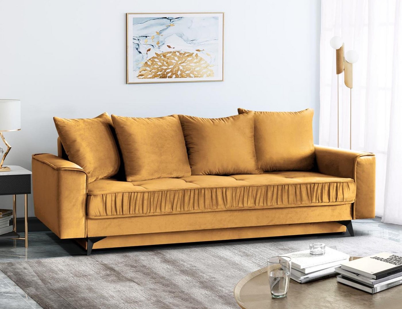 Beautysofa 3-Sitzer Monaco, stilvoll Schlafsofa aus Velours-Bezug, einzigartiges Design, mit Wellenunterfederung, mit Schlaffunktion von Beautysofa