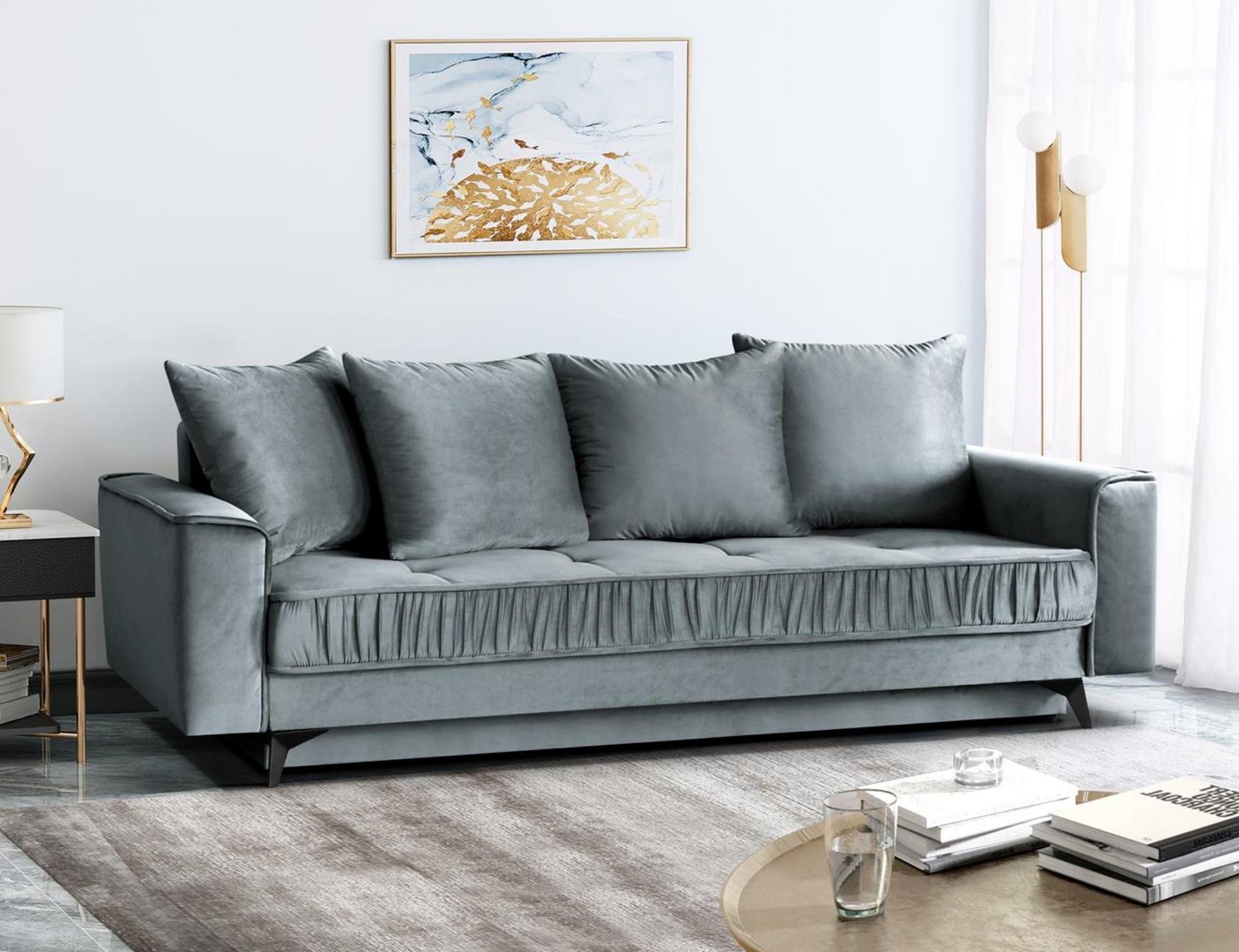 Beautysofa 3-Sitzer Monaco, stilvoll Schlafsofa aus Velours-Bezug, einzigartiges Design, mit Wellenunterfederung, mit Schlaffunktion von Beautysofa