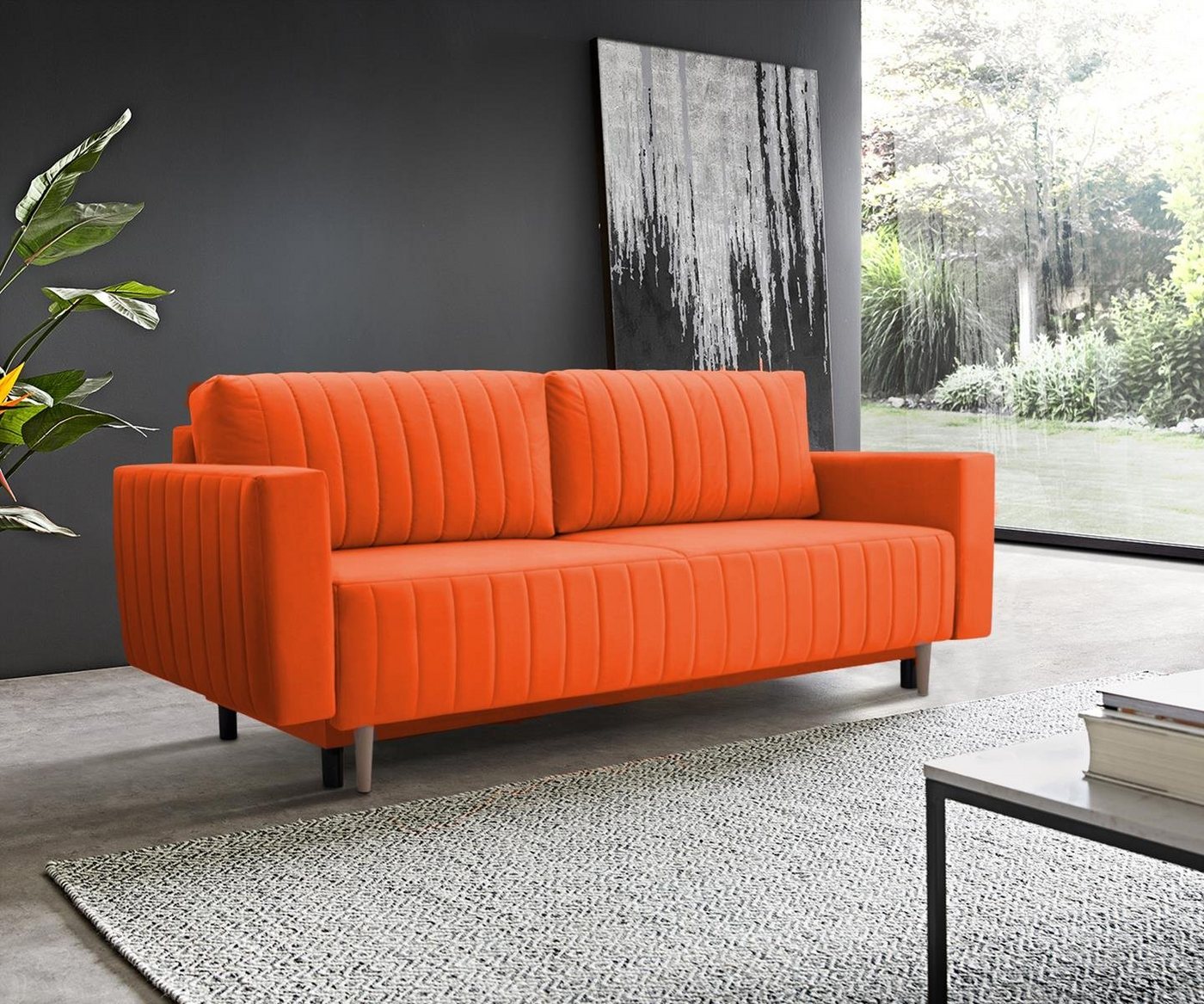 Beautysofa 3-Sitzer RAVI, 225 cm Veloursstoff Polstersofa, mit Bettfunktion und Bettkasten, Grau / Schwarz / Orange / Gelb / Grün / Blau, Velours Sofa, Dreisitzer auf Holzbeine von Beautysofa