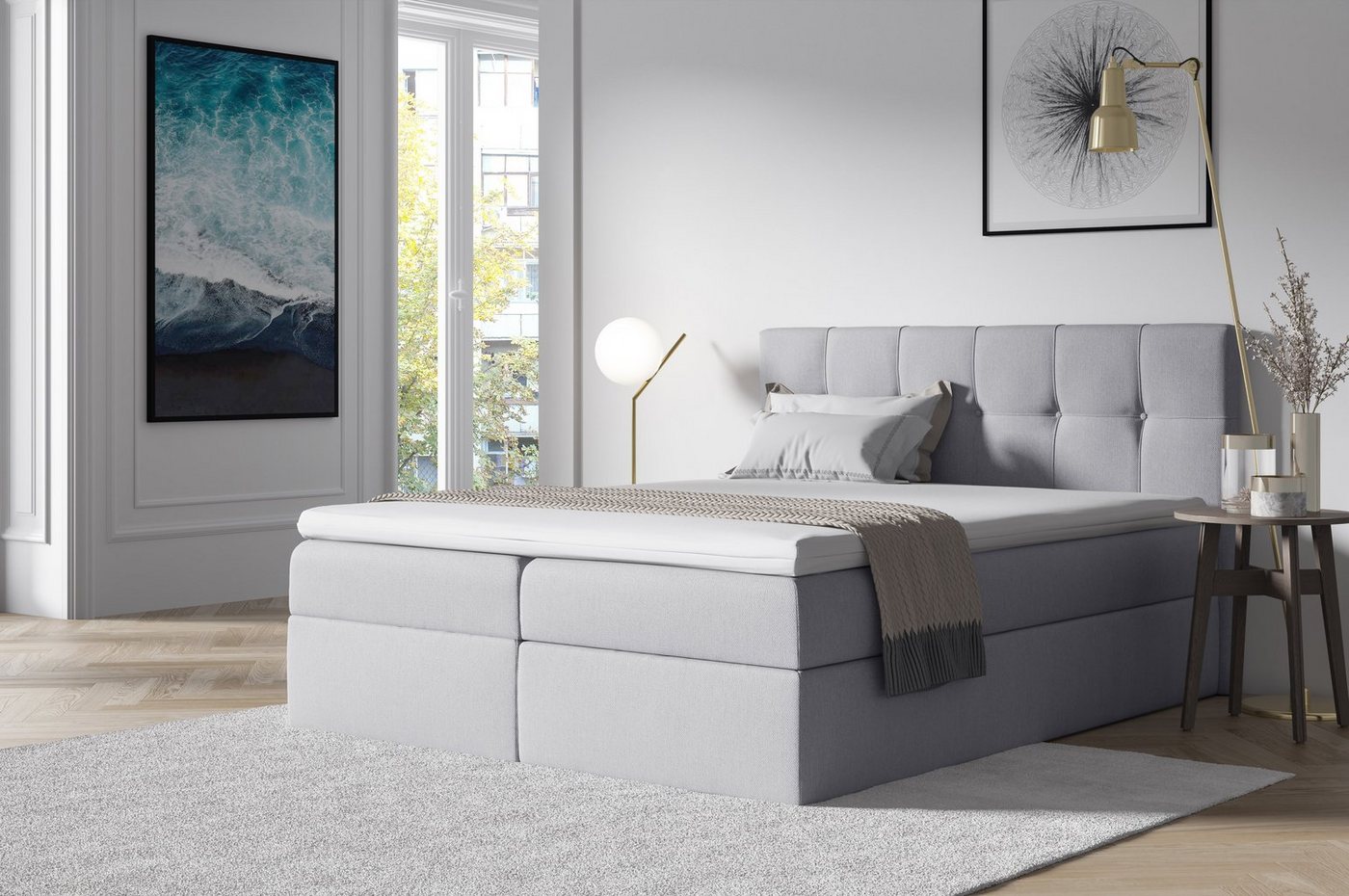 Beautysofa Boxspringbett Empori (Topper, Matratze und 2 Bettkästen + Federautomat), Velours Bett mit Kopfteil von Beautysofa