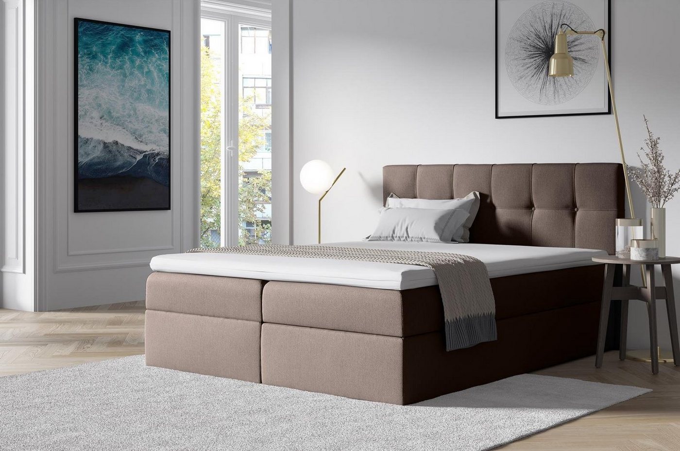 Beautysofa Boxspringbett Empori (Topper, Matratze und 2 Bettkästen + Federautomat), Velours Bett mit Kopfteil von Beautysofa