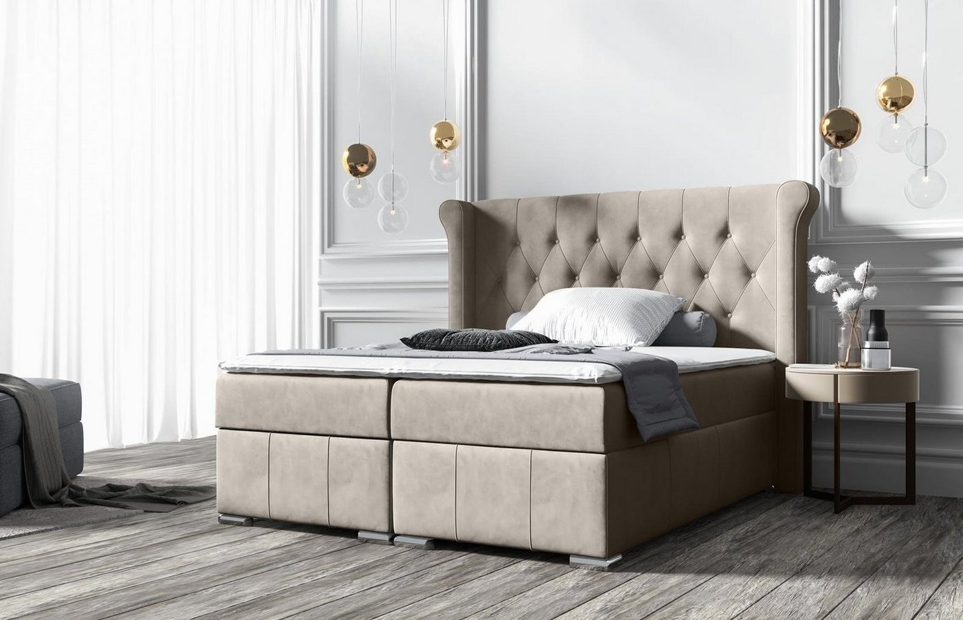 Beautysofa Boxspringbett Massi (mit 2 Bettkäasten, Bonnellfederkernmatratzen, mit Topper, mit automatische auf Federn), Kopfteil gesteppt und gepolstert von Beautysofa