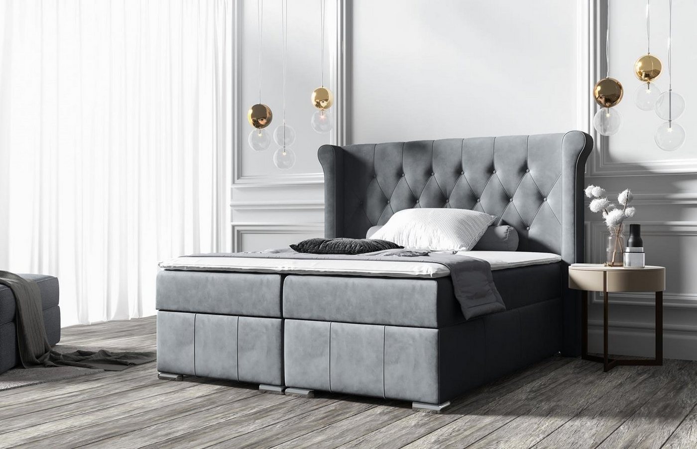 Beautysofa Boxspringbett Massi (mit 2 Bettkäasten, Bonnellfederkernmatratzen, mit Topper, mit automatische auf Federn), Kopfteil gesteppt und gepolstert von Beautysofa