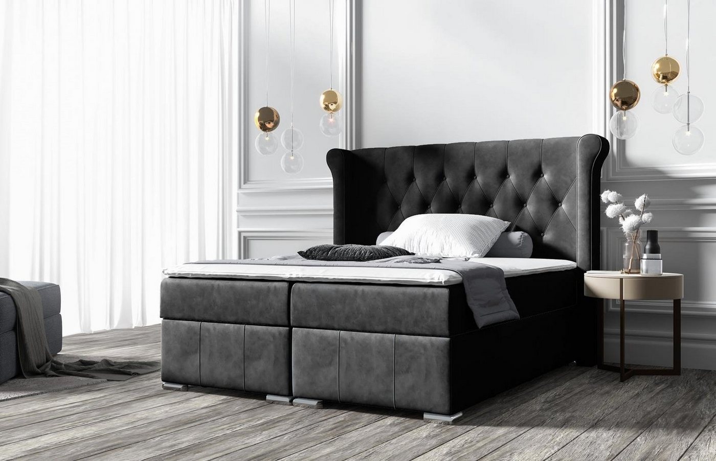 Beautysofa Boxspringbett Massi (mit 2 Bettkäasten, Bonnellfederkernmatratzen, mit Topper, mit automatische auf Federn), Kopfteil gesteppt und gepolstert von Beautysofa