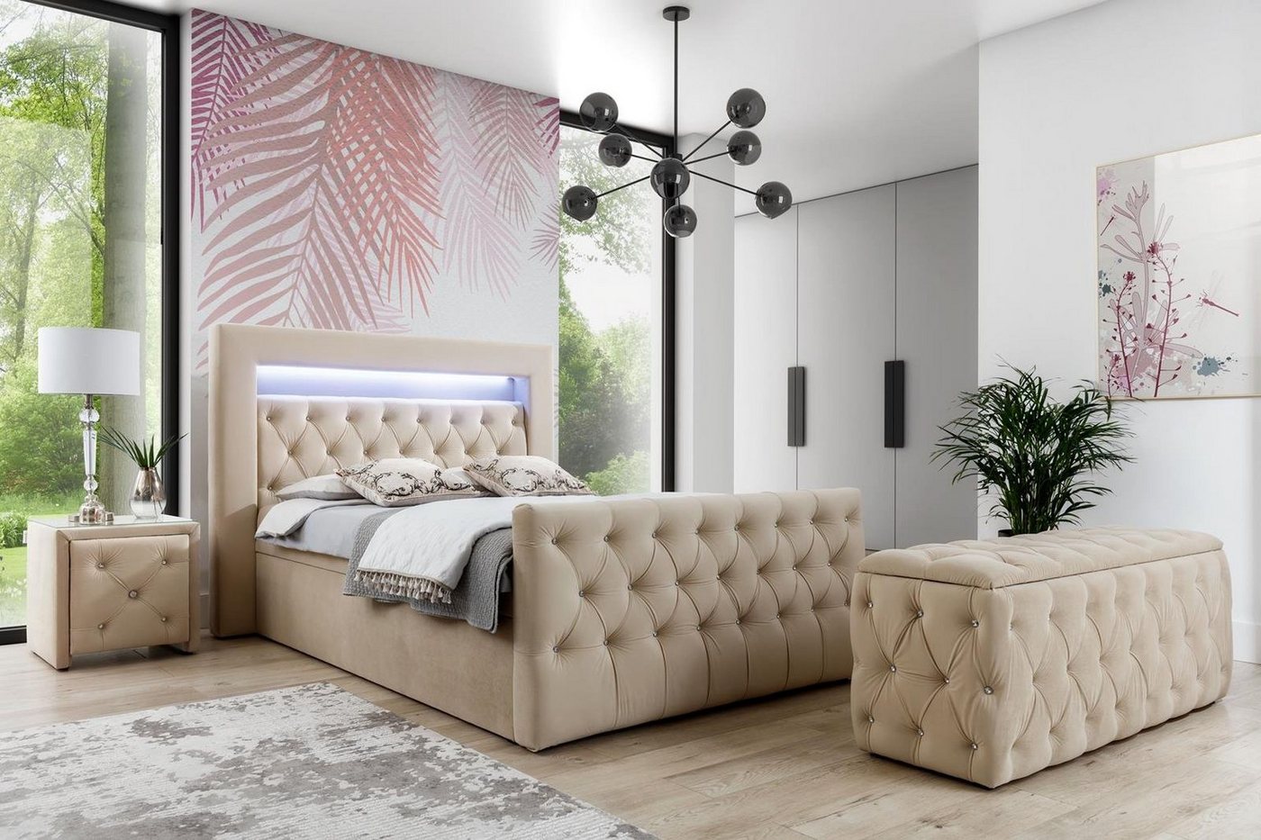 Beautysofa Boxspringbett Singa LED (mit Hauptmatratze und Topper, mit LED-Beleuchtung), Polsterbett mit zwei Bettkästenf ür die Bettwäsche von Beautysofa