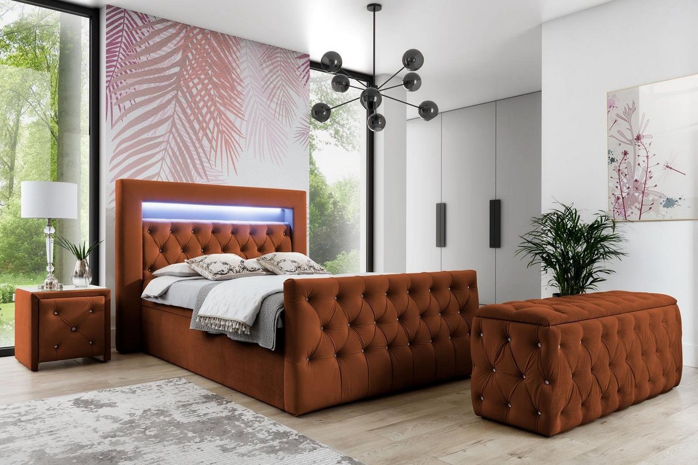 Beautysofa Boxspringbett Singa LED (mit Hauptmatratze und Topper, mit LED-Beleuchtung), Polsterbett mit zwei Bettkästenf ür die Bettwäsche von Beautysofa