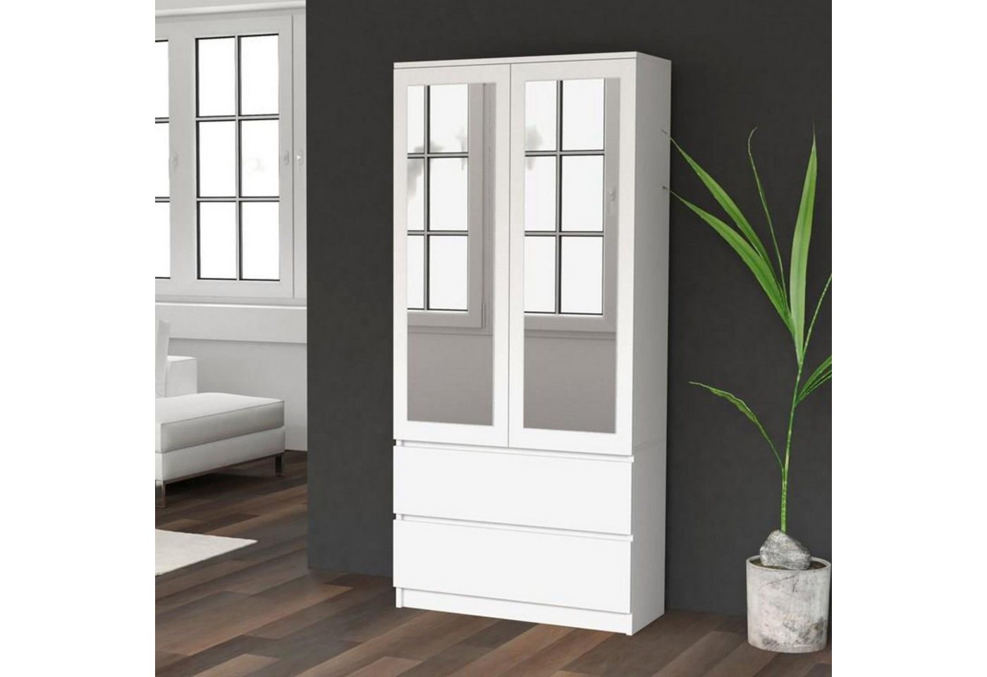 Beautysofa Drehtürenschrank Rubin (2 Außenschubladen, 90 cm Breit Kleiderschrank) 2 Schubladen, Drehtüren mit Spiegel von Beautysofa