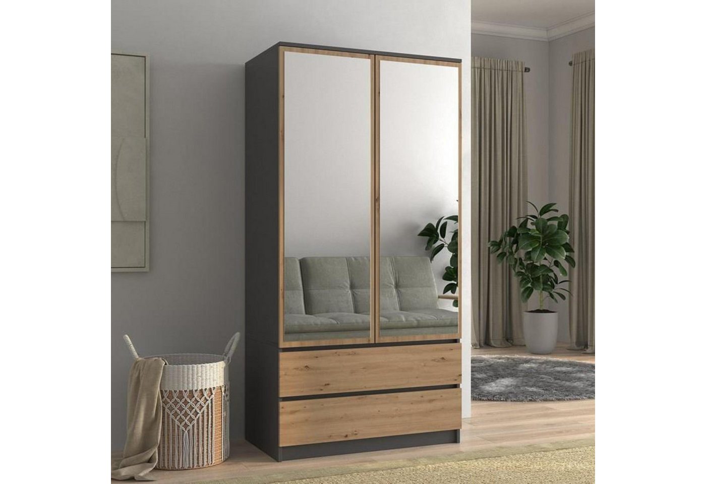 Beautysofa Drehtürenschrank Rubin (2 Außenschubladen, 90 cm Breit Kleiderschrank) 2 Schubladen, Drehtüren mit Spiegel von Beautysofa