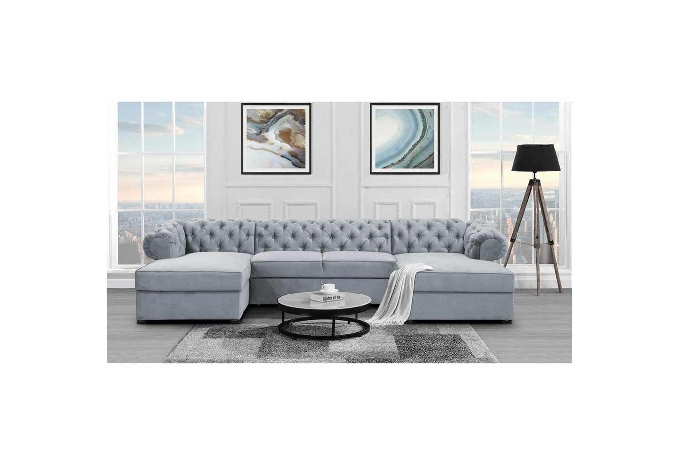 Beautysofa Ecksofa Chester, U-Form Ecksofa Schlaffunktion und Bettkasten, Chesterfield Stil von Beautysofa