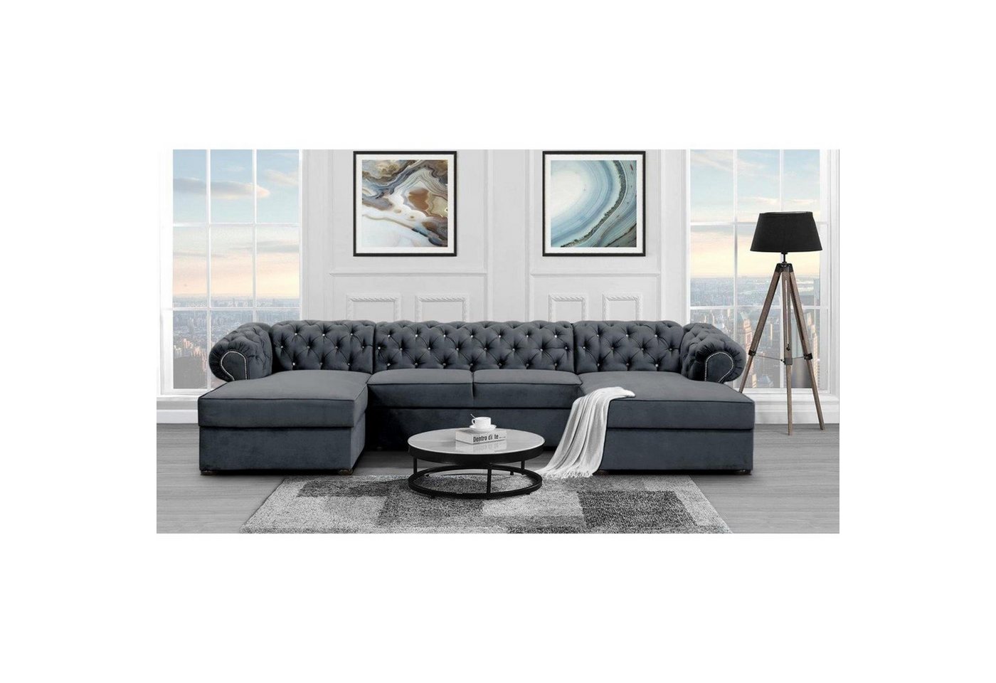 Beautysofa Ecksofa Chester, U-Form Ecksofa Schlaffunktion und Bettkasten, Chesterfield Stil von Beautysofa