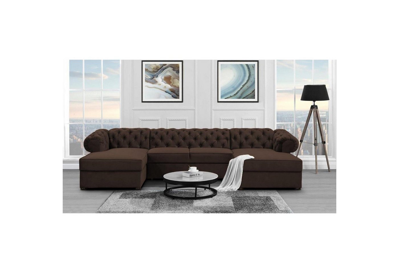 Beautysofa Ecksofa Chester, U-Form Ecksofa Schlaffunktion und Bettkasten, Chesterfield Stil von Beautysofa