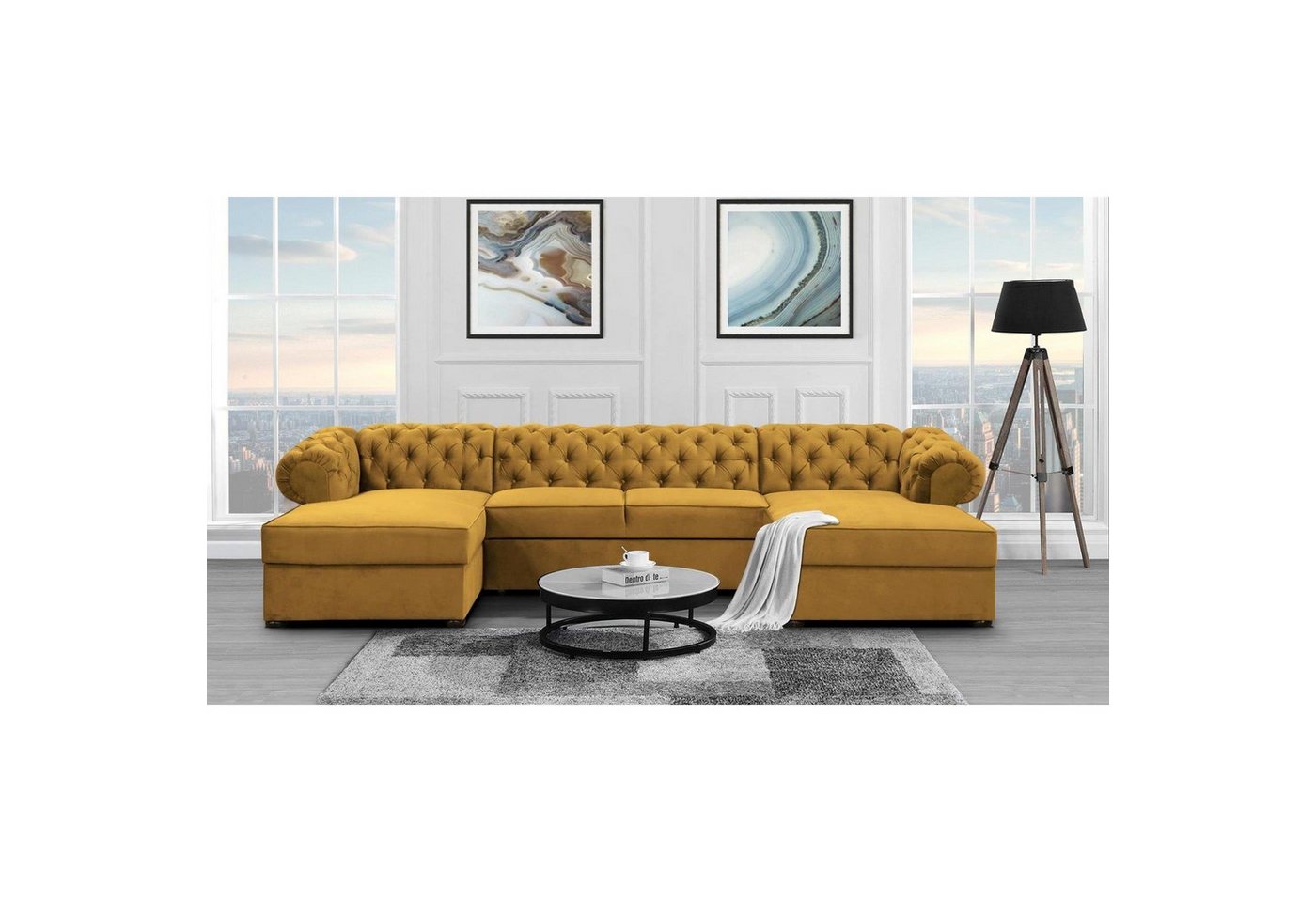 Beautysofa Ecksofa Chester, U-Form Ecksofa Schlaffunktion und Bettkasten, Chesterfield Stil von Beautysofa