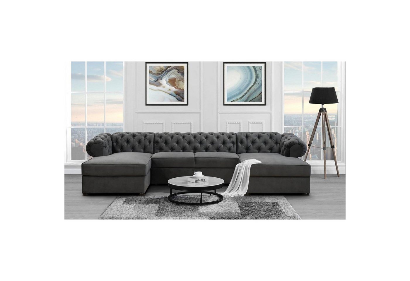 Beautysofa Ecksofa Chester, U-Form Ecksofa Schlaffunktion und Bettkasten, Chesterfield Stil von Beautysofa