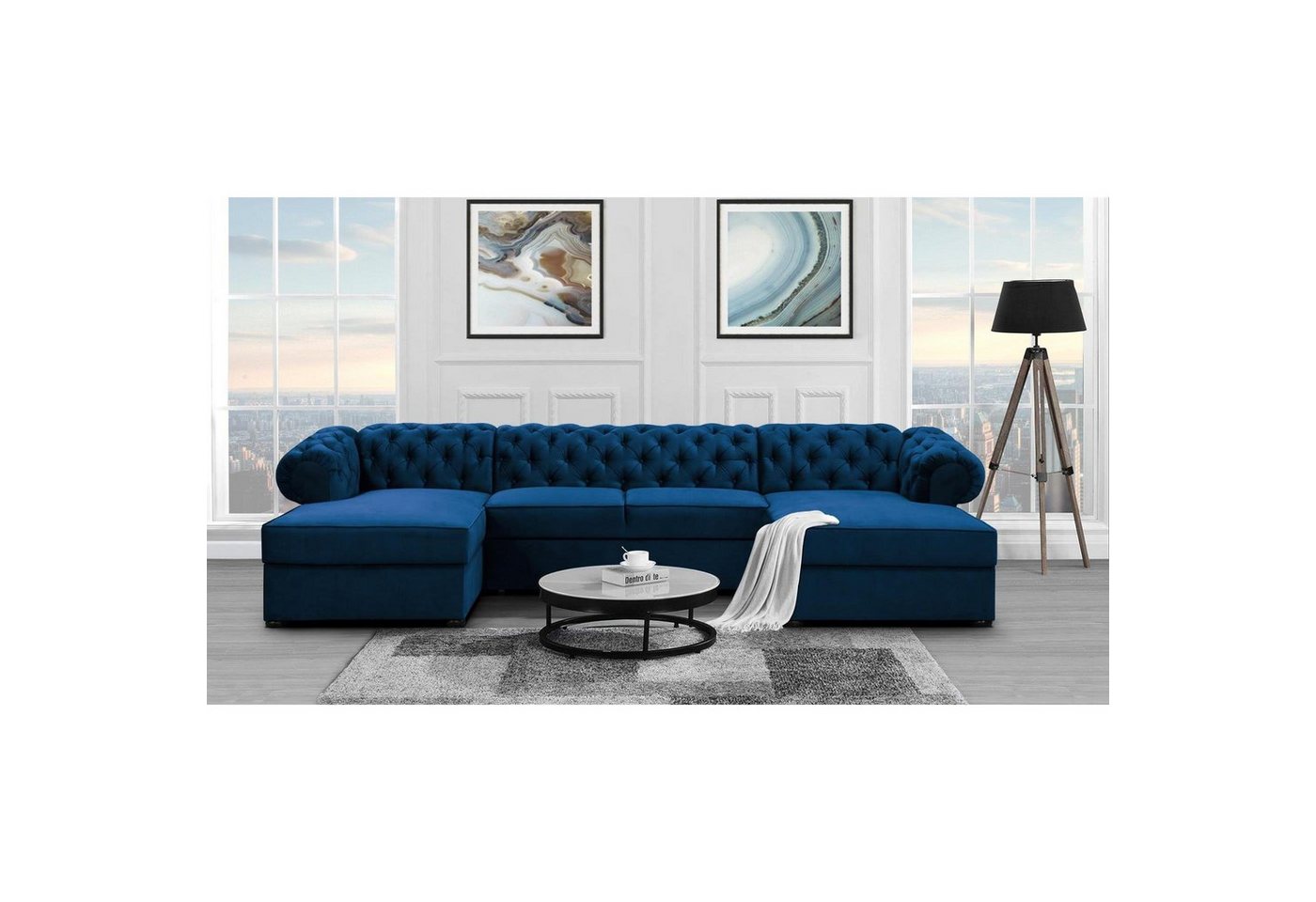 Beautysofa Ecksofa Chester, U-Form Ecksofa Schlaffunktion und Bettkasten, Chesterfield Stil von Beautysofa