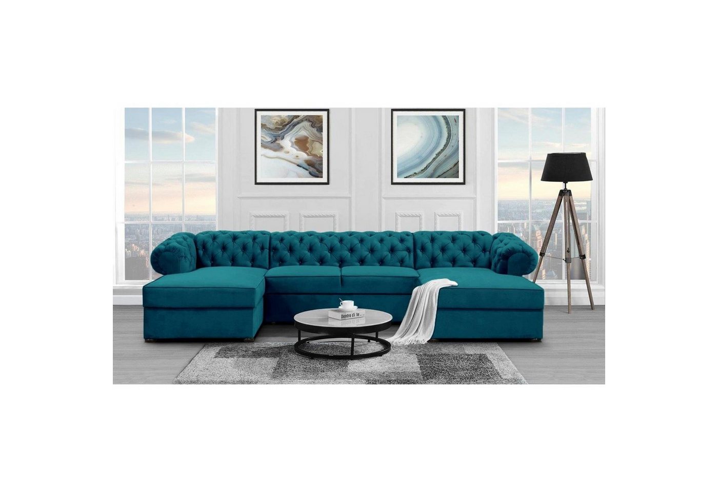 Beautysofa Ecksofa Chester, U-Form Ecksofa Schlaffunktion und Bettkasten, Chesterfield Stil von Beautysofa