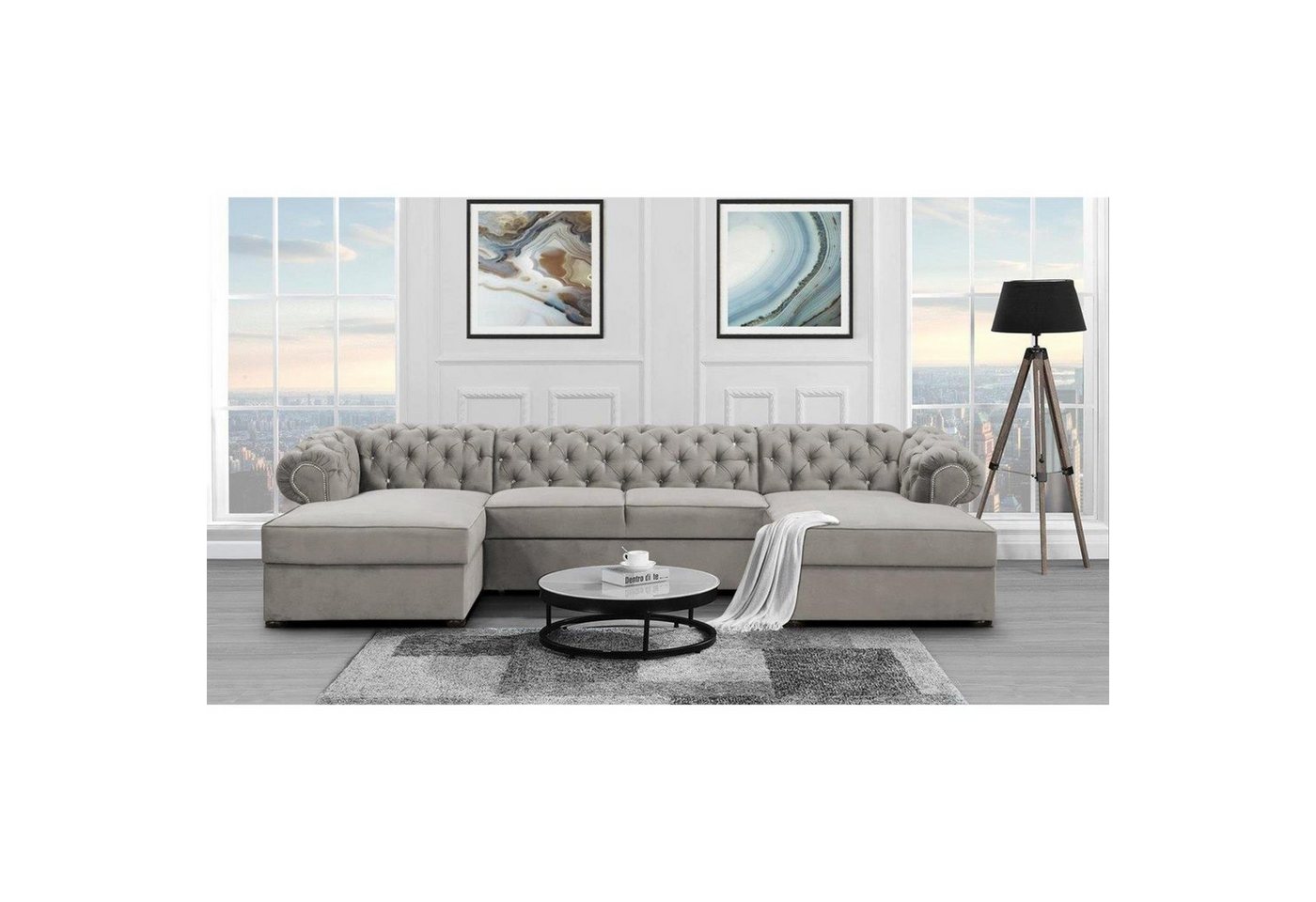 Beautysofa Ecksofa Chester, U-Form Ecksofa Schlaffunktion und Bettkasten, Chesterfield Stil von Beautysofa