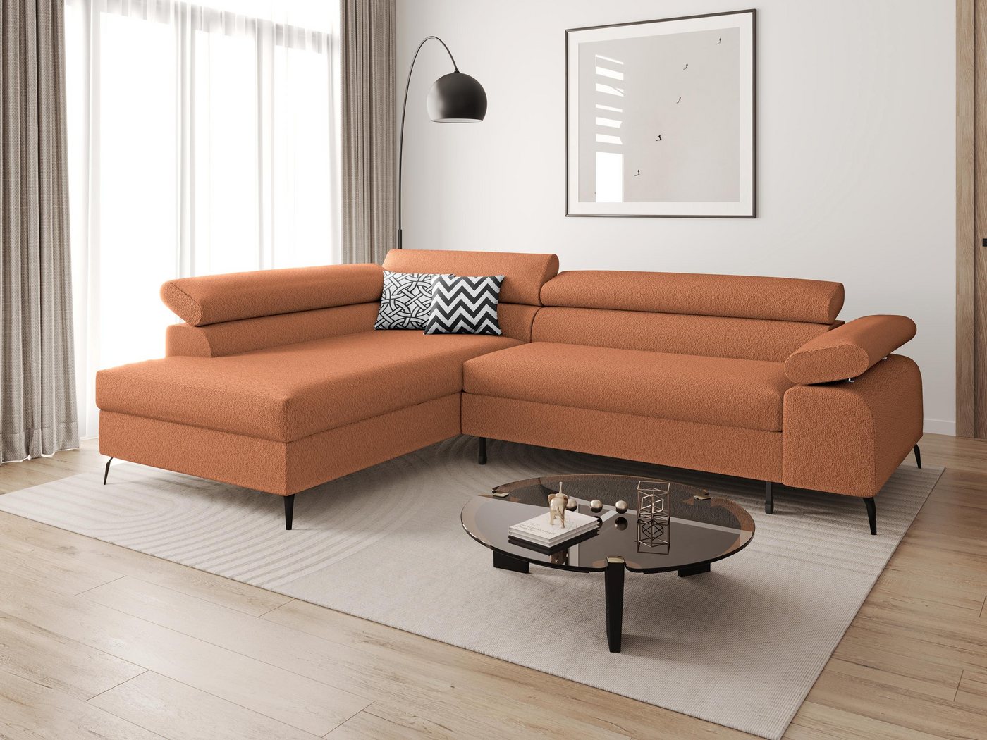 Beautysofa Ecksofa MELLOW mit Schlaffunktion und Bettkasten, Ottomane links oder rechts, 7 Farben im Stoff BUCLE von Beautysofa