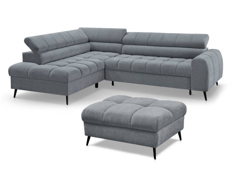 Beautysofa Ecksofa mit Hocker und verstellbaren Kopfstützen VINNI, mit Schlaffunktion und verstellbaren Kopfstützen, Auf B-Federn, auf schwarzen Metallfüßen von Beautysofa