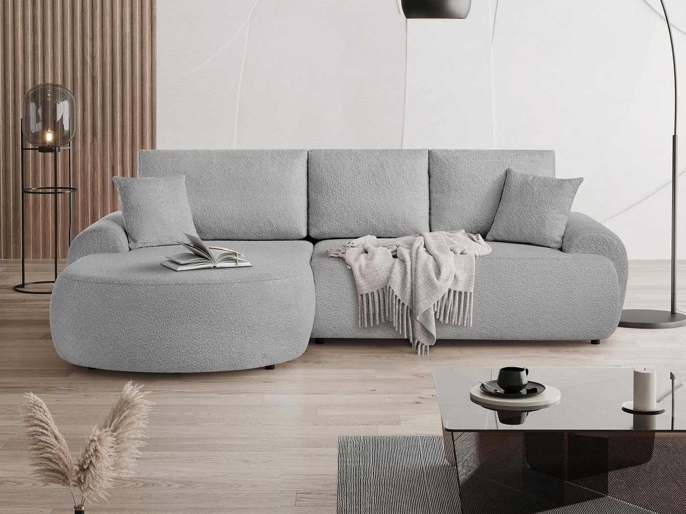 Beautysofa Ecksofa mit Kissen aus Bouclé-Stoff TEDDY, In vielen Farben zur Auswahl von Beautysofa