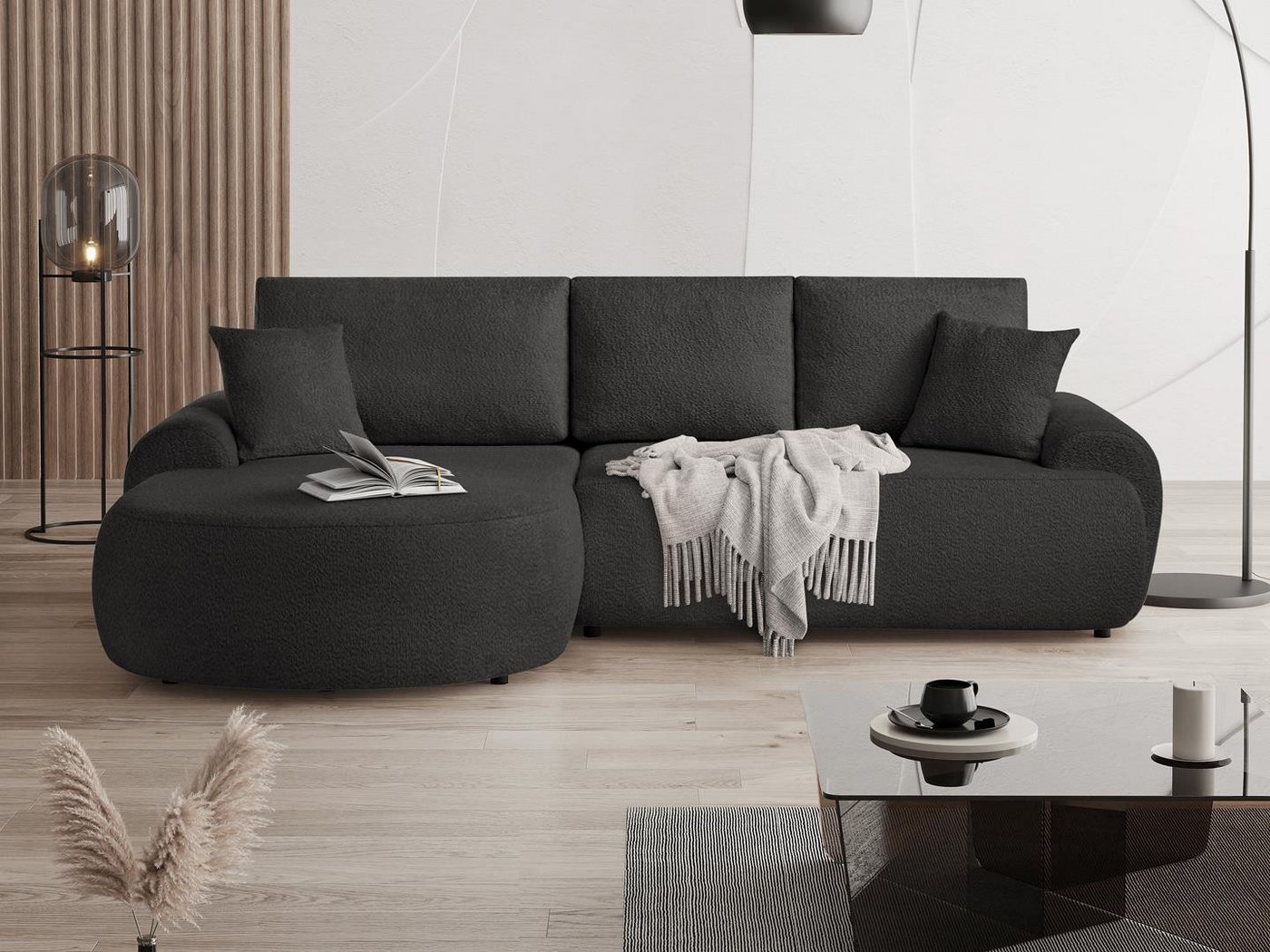 Beautysofa Ecksofa mit Kissen aus Bouclé-Stoff TEDDY, In vielen Farben zur Auswahl von Beautysofa