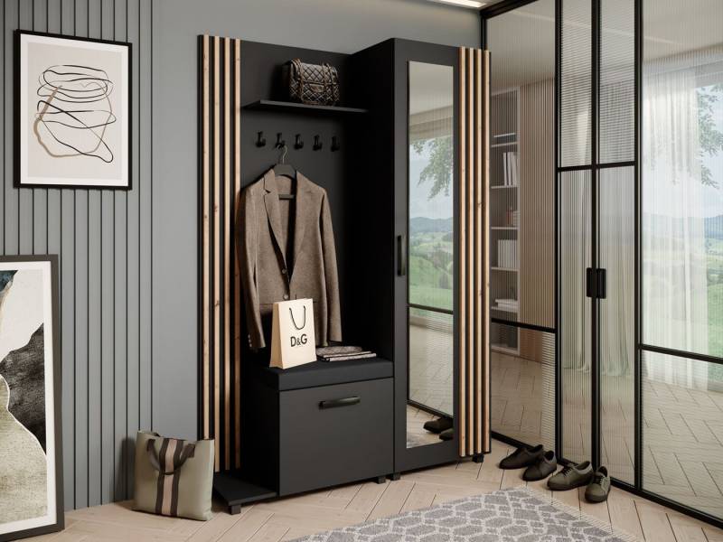 Beautysofa Garderobenschrank Garderoben-Set mit Aufhängern und Spiegel LIVIA (Geräumiger Schuhschrank) mit praktischer Kleiderstange von Beautysofa