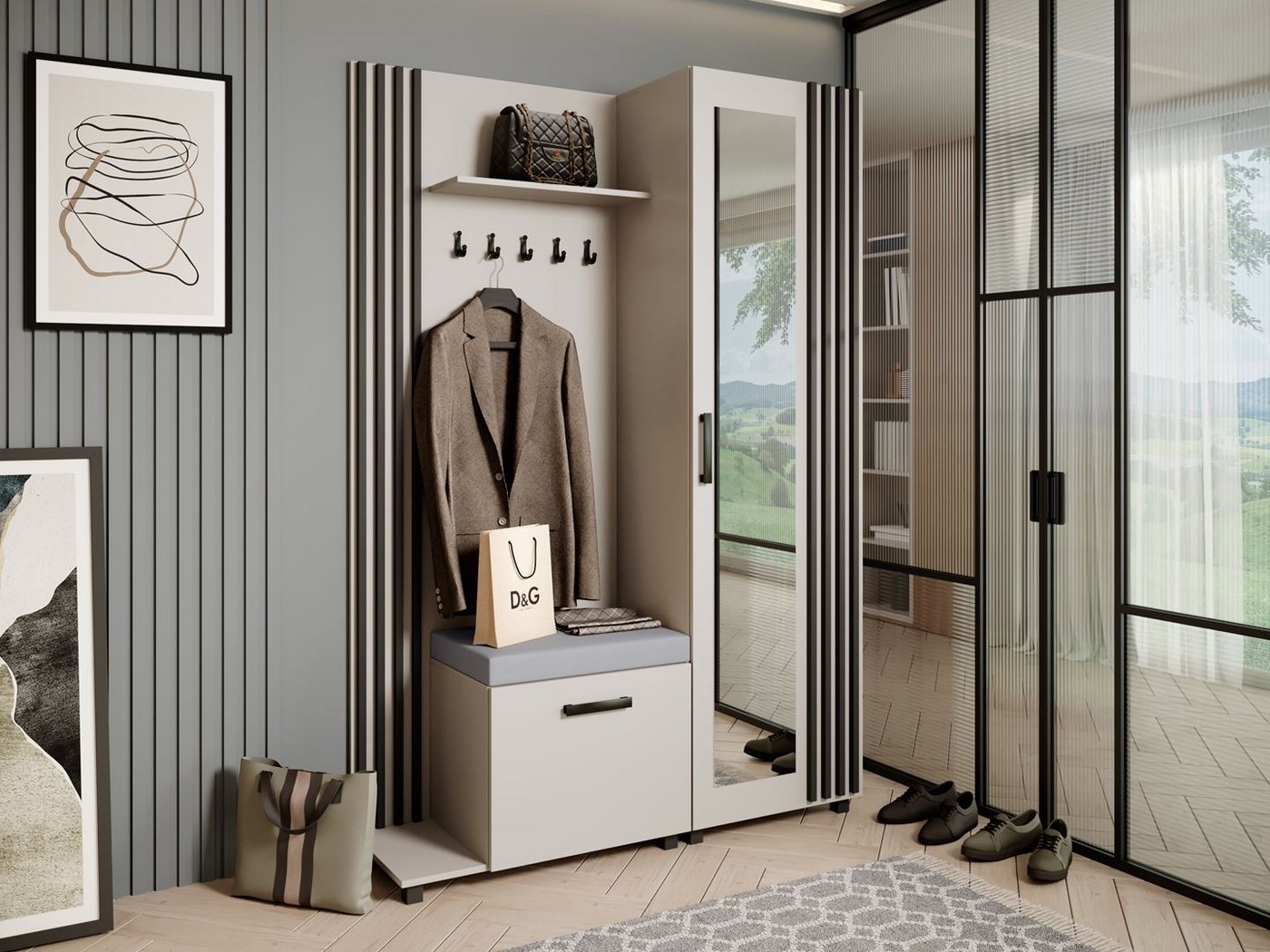 Beautysofa Garderobenschrank Garderoben-Set mit Aufhängern und Spiegel LIVIA (Geräumiger Schuhschrank) mit praktischer Kleiderstange von Beautysofa