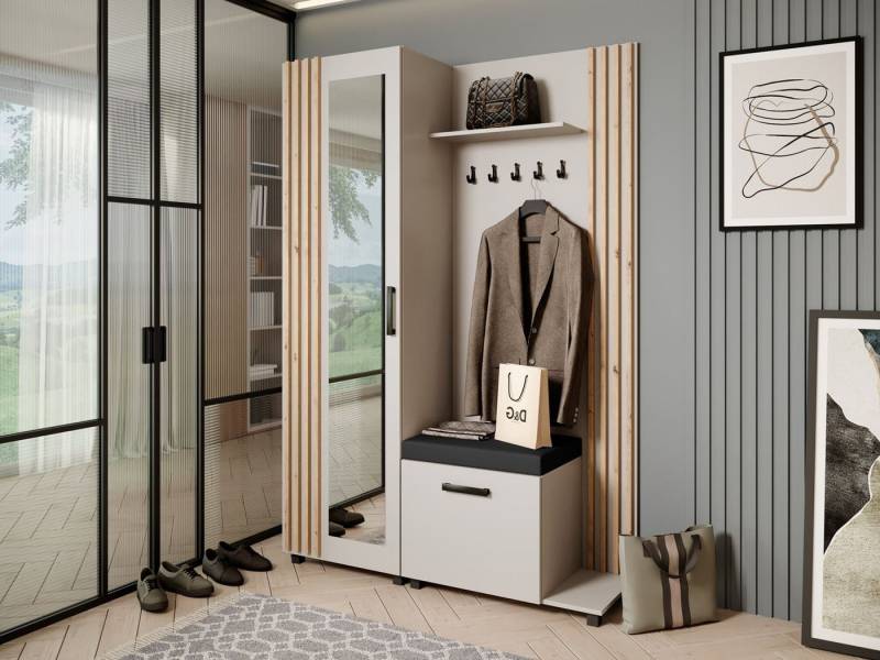 Beautysofa Garderobenschrank Garderoben-Set mit Aufhängern und Spiegel LIVIA (Geräumiger Schuhschrank) mit praktischer Kleiderstange von Beautysofa