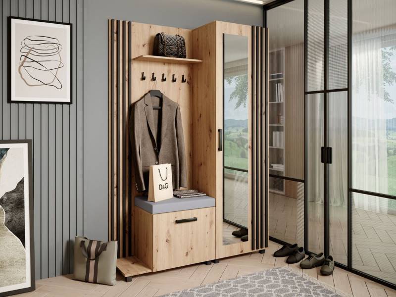 Beautysofa Garderobenschrank Garderoben-Set mit Aufhängern und Spiegel LIVIA (Geräumiger Schuhschrank) mit praktischer Kleiderstange von Beautysofa