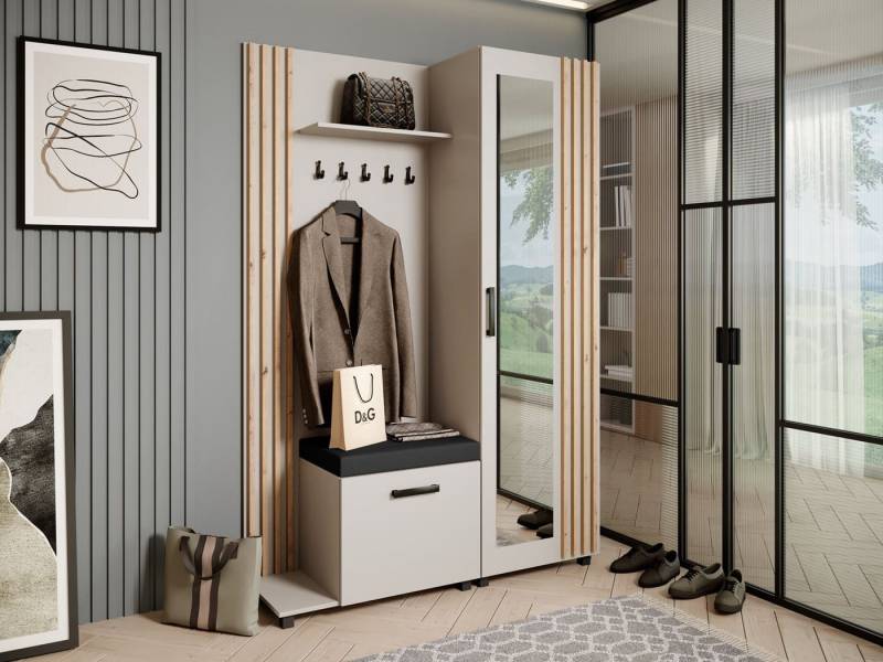 Beautysofa Garderobenschrank Garderoben-Set mit Aufhängern und Spiegel LIVIA (Geräumiger Schuhschrank) mit praktischer Kleiderstange von Beautysofa