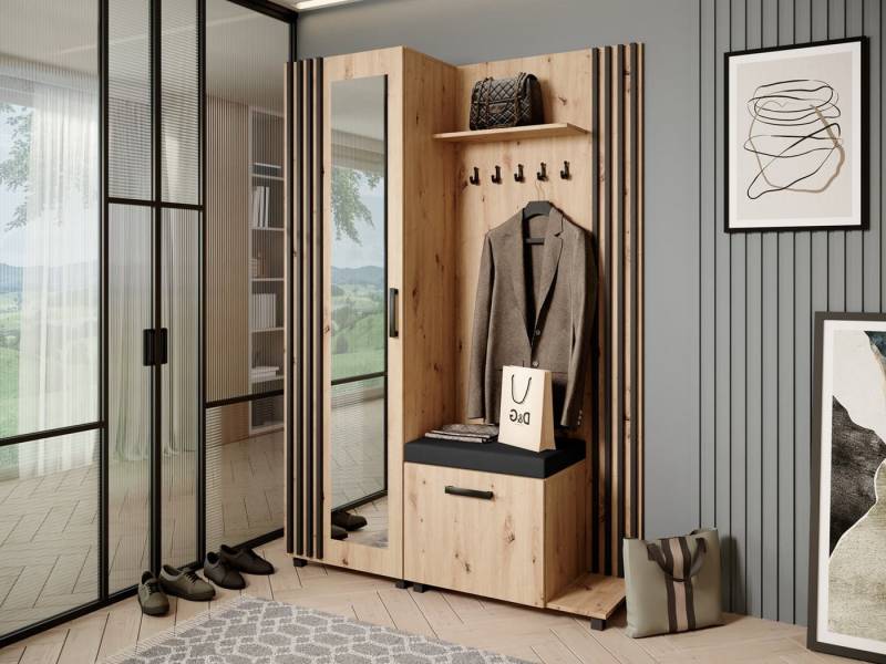 Beautysofa Garderobenschrank Garderoben-Set mit Aufhängern und Spiegel LIVIA (Geräumiger Schuhschrank) mit praktischer Kleiderstange von Beautysofa