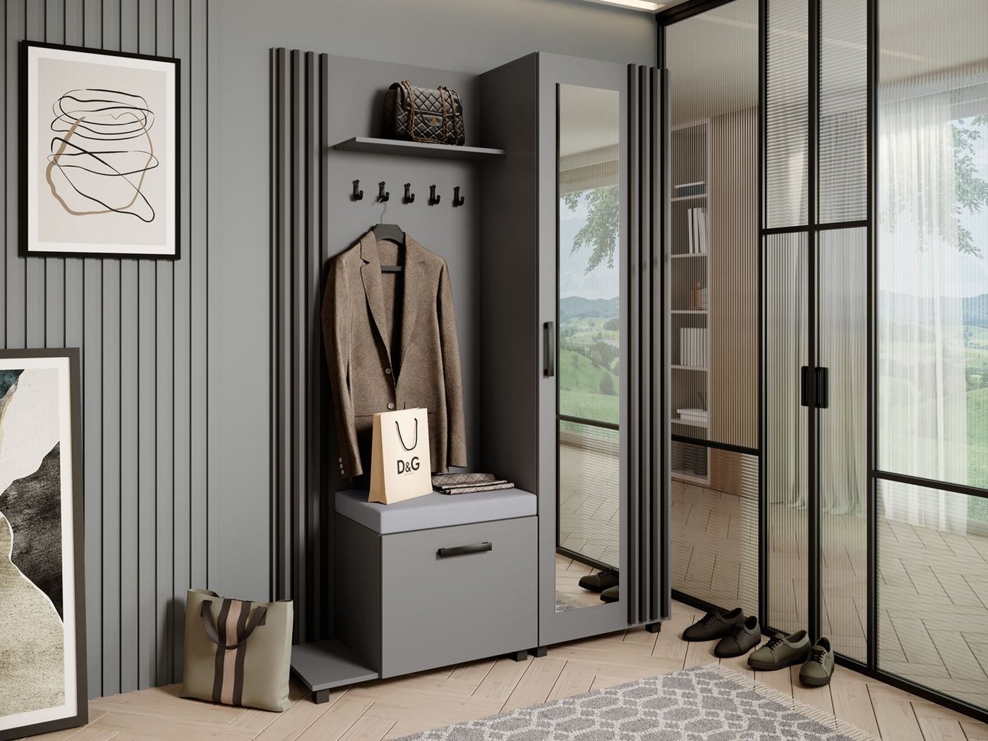 Beautysofa Garderobenschrank Garderoben-Set mit Aufhängern und Spiegel LIVIA (Geräumiger Schuhschrank) mit praktischer Kleiderstange von Beautysofa