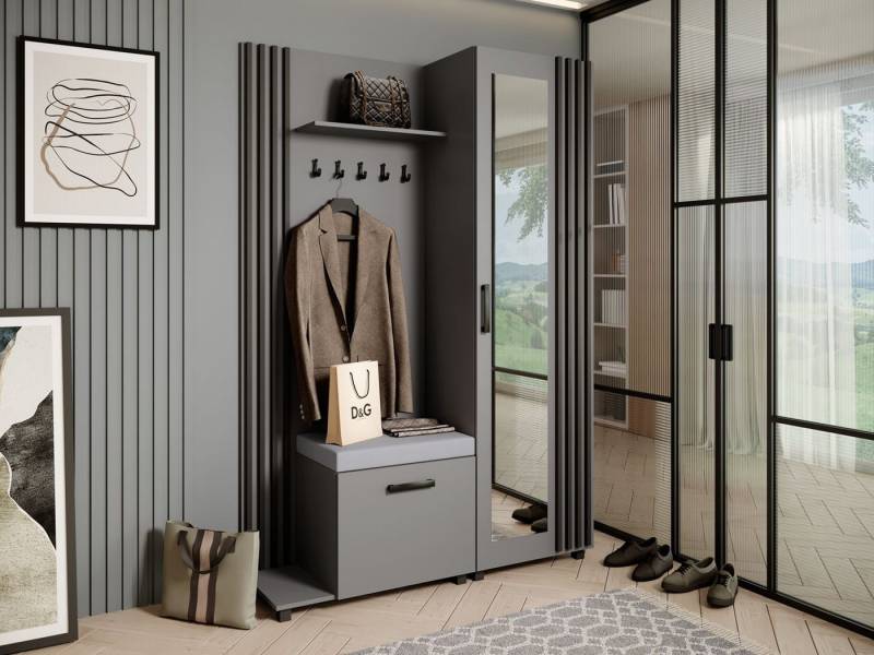 Beautysofa Garderobenschrank Garderoben-Set mit Aufhängern und Spiegel LIVIA (Geräumiger Schuhschrank) mit praktischer Kleiderstange von Beautysofa