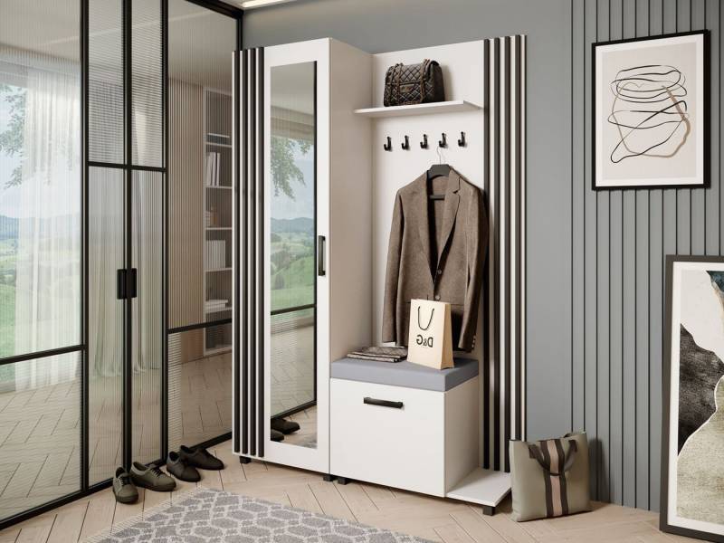 Beautysofa Garderobenschrank Garderoben-Set mit Aufhängern und Spiegel LIVIA (Geräumiger Schuhschrank) mit praktischer Kleiderstange von Beautysofa