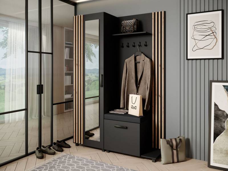 Beautysofa Garderobenschrank Garderoben-Set mit Aufhängern und Spiegel LIVIA (Geräumiger Schuhschrank) mit praktischer Kleiderstange von Beautysofa