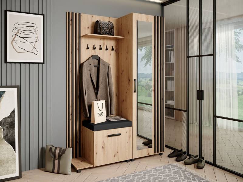 Beautysofa Garderobenschrank Garderoben-Set mit Aufhängern und Spiegel LIVIA (Geräumiger Schuhschrank) mit praktischer Kleiderstange von Beautysofa