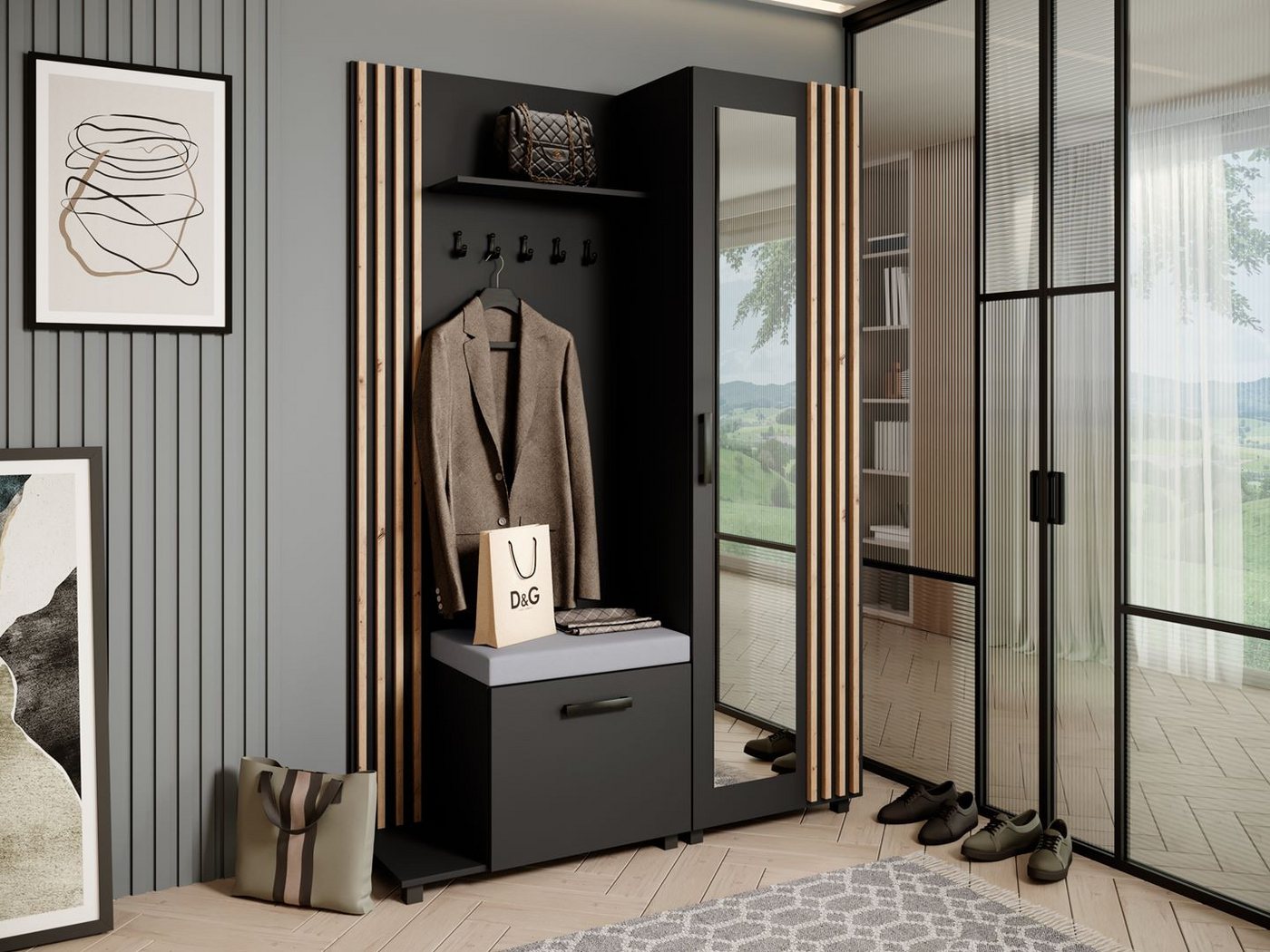 Beautysofa Garderobenschrank Garderoben-Set mit Aufhängern und Spiegel LIVIA (Geräumiger Schuhschrank) mit praktischer Kleiderstange von Beautysofa