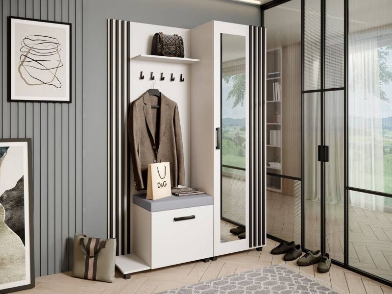 Beautysofa Garderobenschrank Garderoben-Set mit Aufhängern und Spiegel LIVIA (Geräumiger Schuhschrank) mit praktischer Kleiderstange von Beautysofa