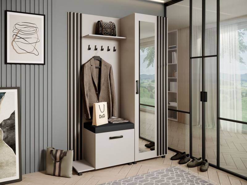 Beautysofa Garderobenschrank Garderoben-Set mit Aufhängern und Spiegel LIVIA (Geräumiger Schuhschrank) mit praktischer Kleiderstange von Beautysofa