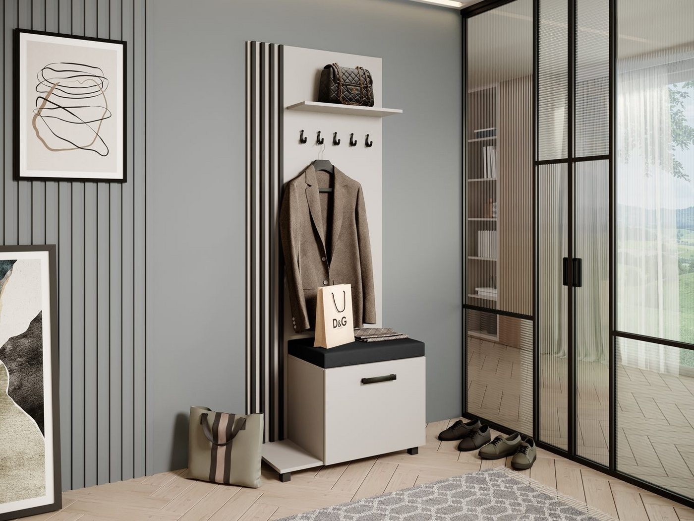 Beautysofa Garderobenschrank Garderobenschrank mit Aufhängern LIVIA (Mit eleganten Kleiderbügeln) mit Verschließbarer Schuhschrank von Beautysofa