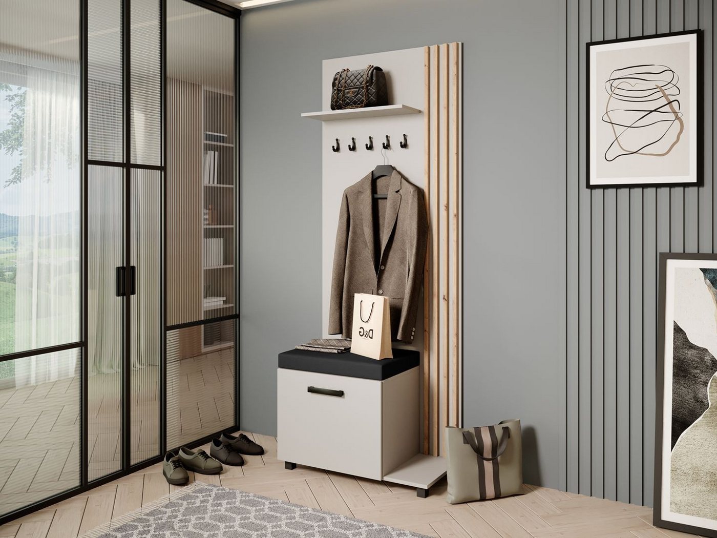 Beautysofa Garderobenschrank Garderobenschrank mit Aufhängern LIVIA (Mit eleganten Kleiderbügeln) mit Verschließbarer Schuhschrank von Beautysofa