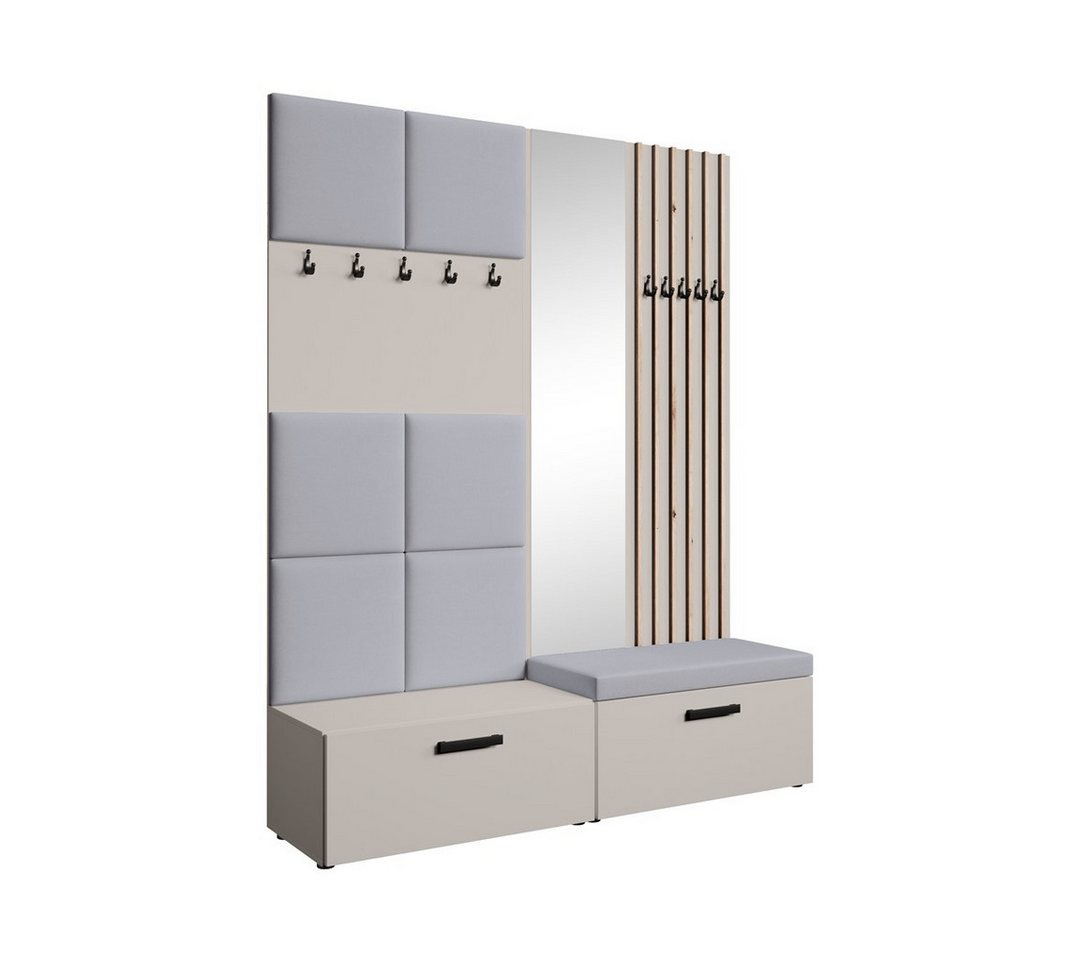 Beautysofa Garderobenschrank mit gepolsterten Paneelen und dekorativen Lamellen MARGARET I+II (Elegante Kleiderbügel) Zwei abschließbare Schuhschränke von Beautysofa