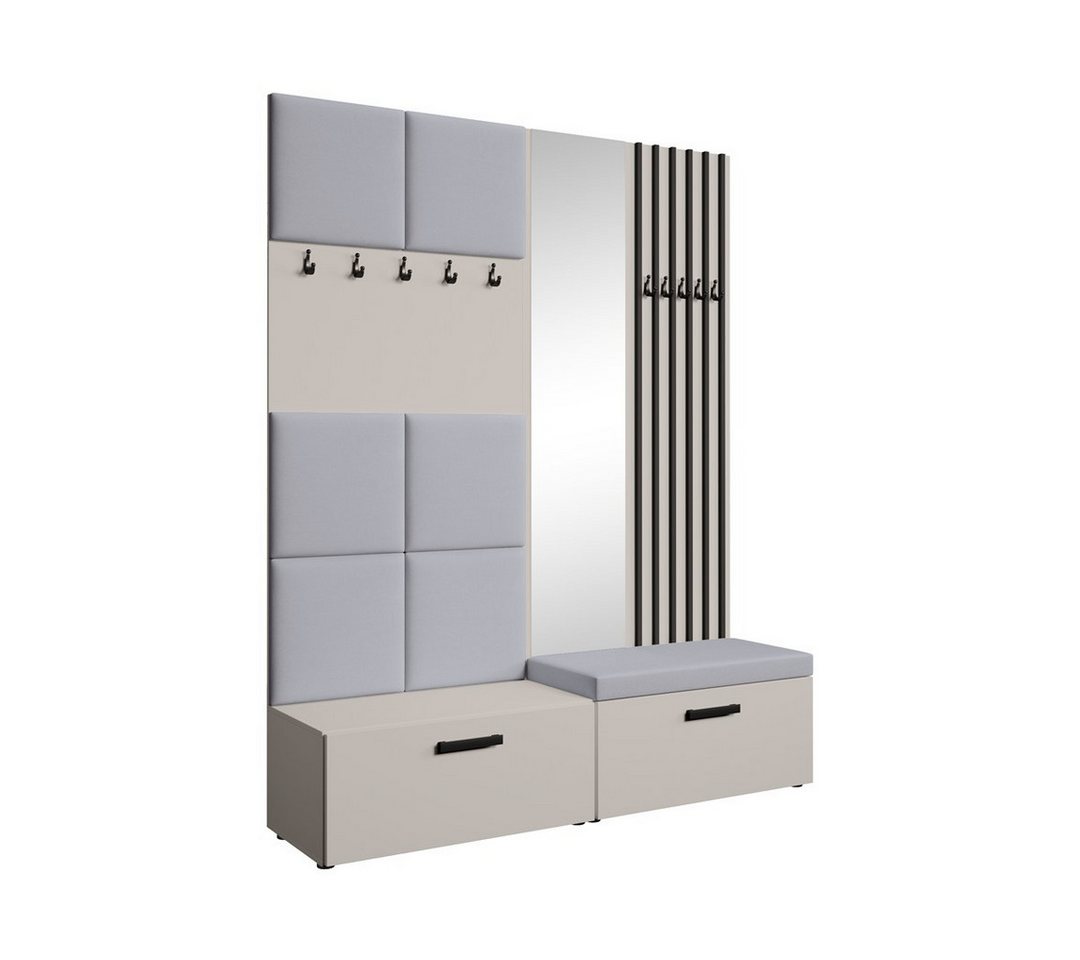 Beautysofa Garderobenschrank mit gepolsterten Paneelen und dekorativen Lamellen MARGARET I+II (Elegante Kleiderbügel) Zwei abschließbare Schuhschränke von Beautysofa