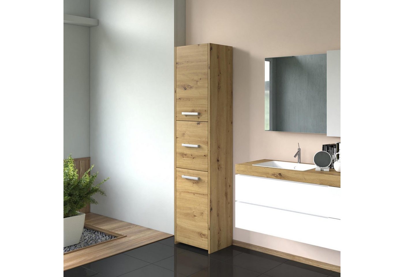 Beautysofa Hochschrank Lago IV (Badezimmer-Hochschrank, modernes Badezimmerschrank mit Griffe) 3-türig Badschrank mit 6 Fächer von Beautysofa