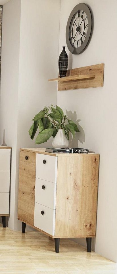 Beautysofa Kommode C1, loft Stil Sideboard, schwarzer Holzbeine, 3x weiße Schubladen, Wohnzimmer von Beautysofa