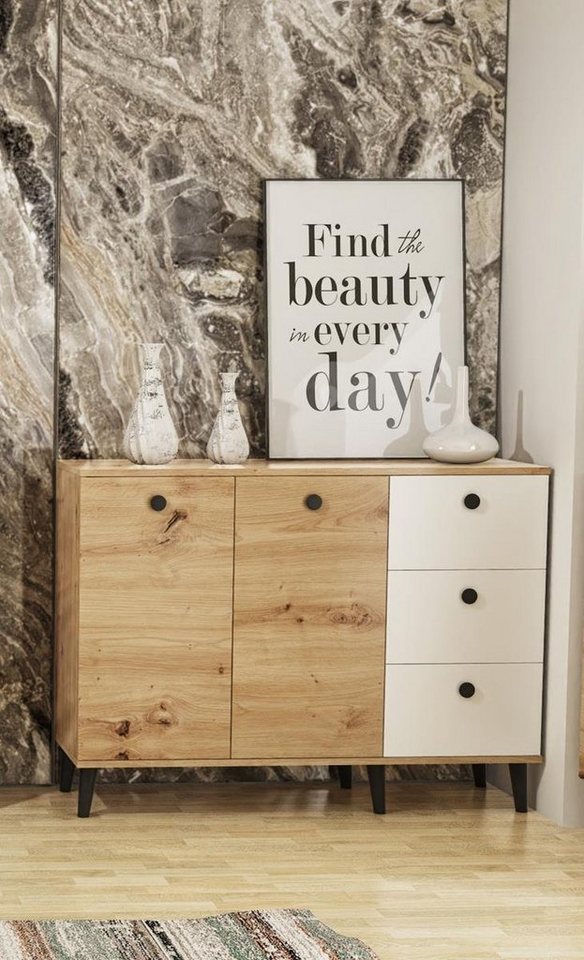 Beautysofa Kommode C2 (Holzbeine, Kunststoff Griffe inklusive 3x Schubladen, zweitürig Sideboard in loft Stil), für Wohnzimmer von Beautysofa