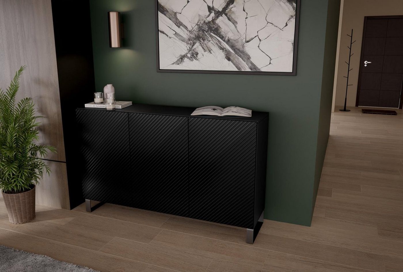 Beautysofa Kommode Kler (150 cm, Weiß / Schwarz, dreitürig Sideboard,für Wohnzimmer), mit gefräste Fronten, modernes Design von Beautysofa